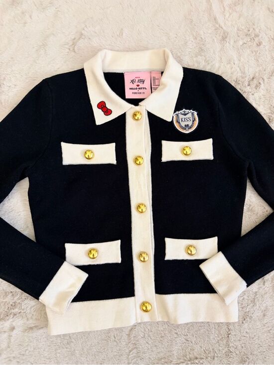Hello Kitty Sweaters - Hello Kitty x Forever 21 XO Kitty Black White Gold Button Cardigan Size S